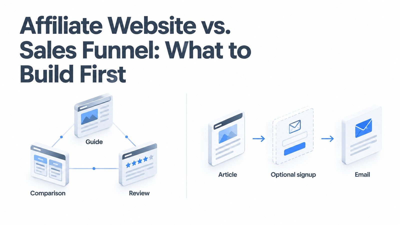 Affiliate website versus sales funnel diagram showing connected content pages and a guided email signup sequence.