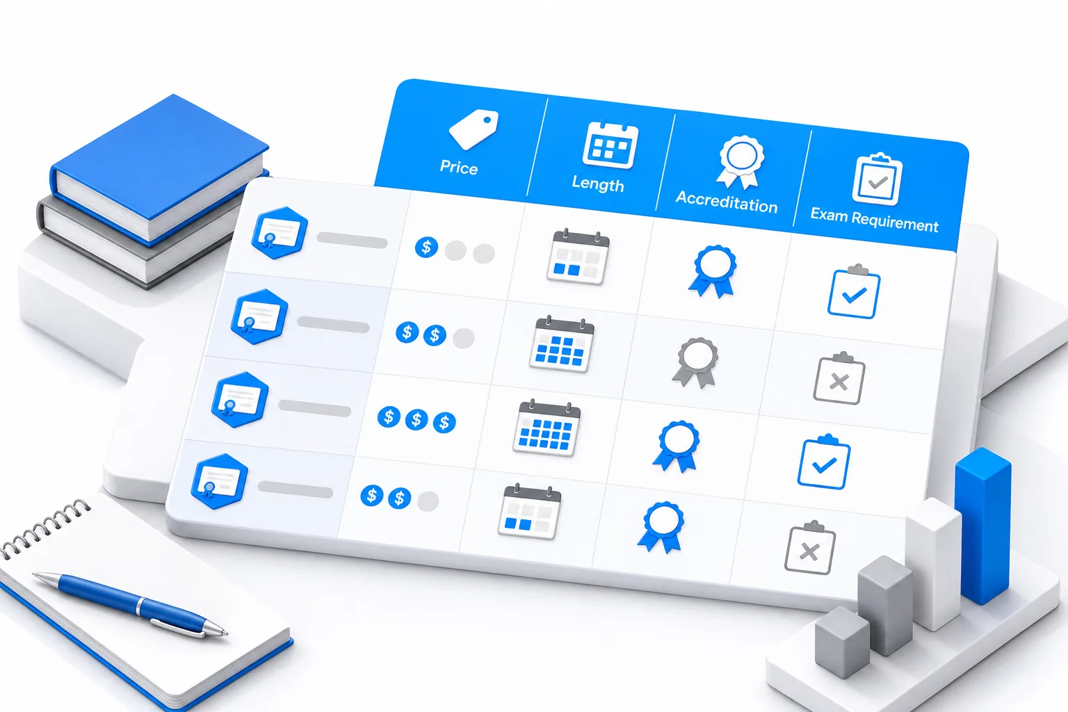 Comparison of content marketing certification options across price, length, accreditation, and exam.