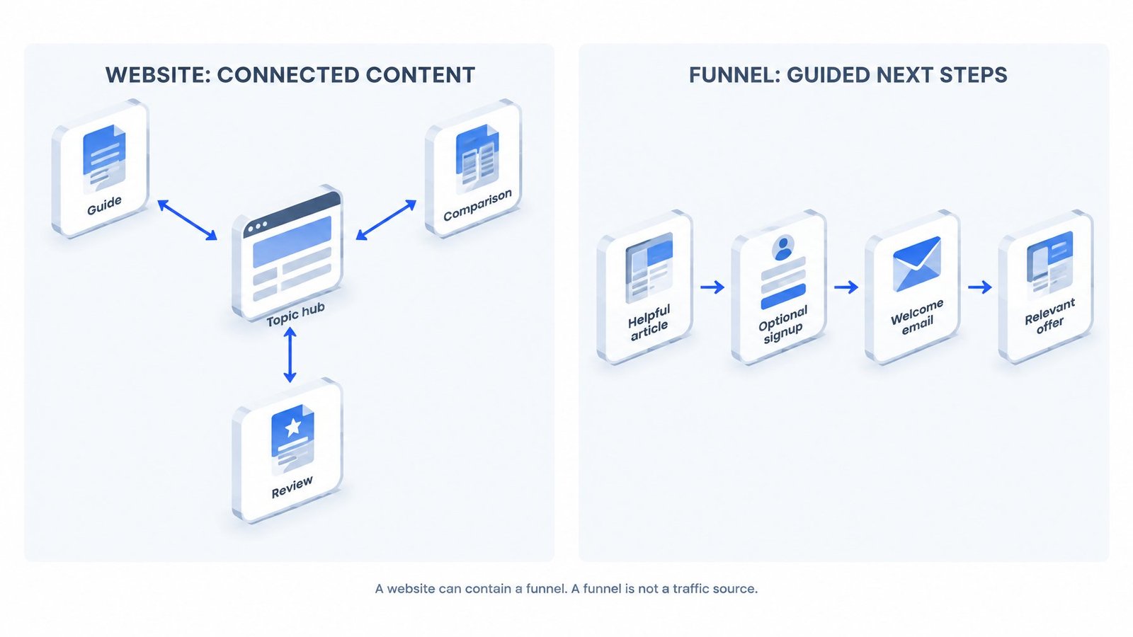 Diagram contrasting a website’s connected content pages with a funnel’s guided sequence of next steps.
