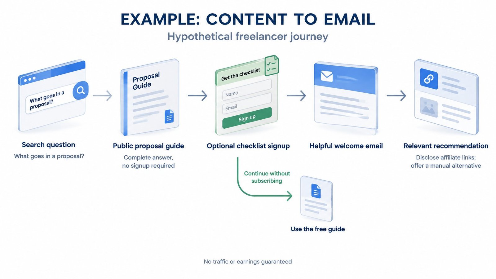 Hypothetical freelancer journey from a search question to a public proposal guide, optional checklist signup, welcome email, and relevant recommendation, with a no-signup path.