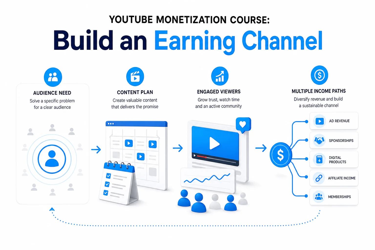 Diagram linking a clear YouTube audience promise to content and revenue paths.
